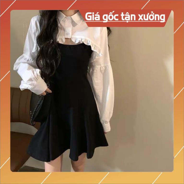 [Hàng Chất Lượng] Set Khoác Sơ Mi Lửng + Váy Xoè 2 Dây (Trắng-Đen)