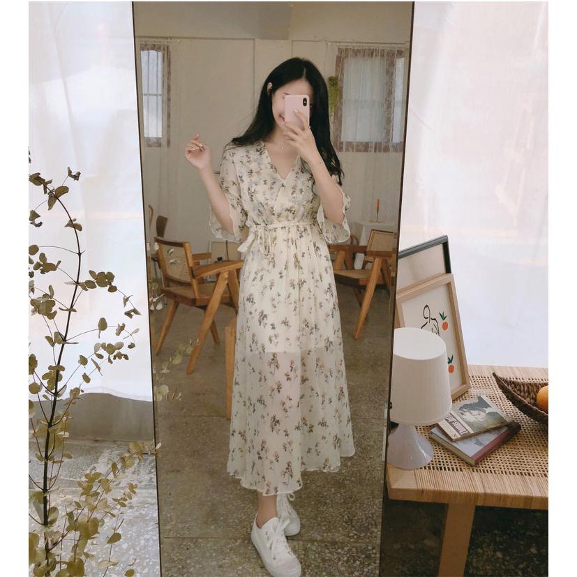 (HÀNG QC SẴN) Váy hoa nhí tay lỡ dáng dài eo buộc nơ (có ảnh thật)