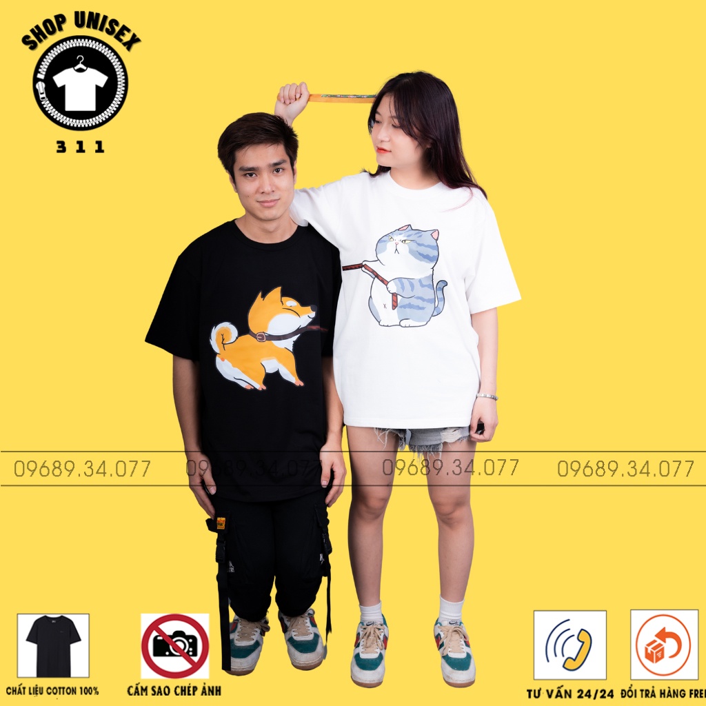 Áo phông đôi in hình chó kéo dây mèo siêu dễ thương, áo cặp Unisex đẹp chất mát màu áo in hình tuỳ chọn