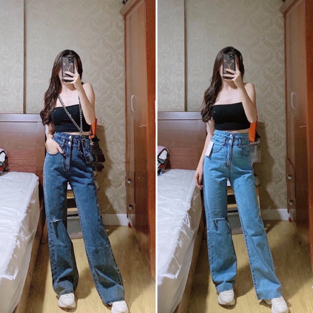 Quần culottes lai cắt rách gối 2 đai lưng cao dáng dài