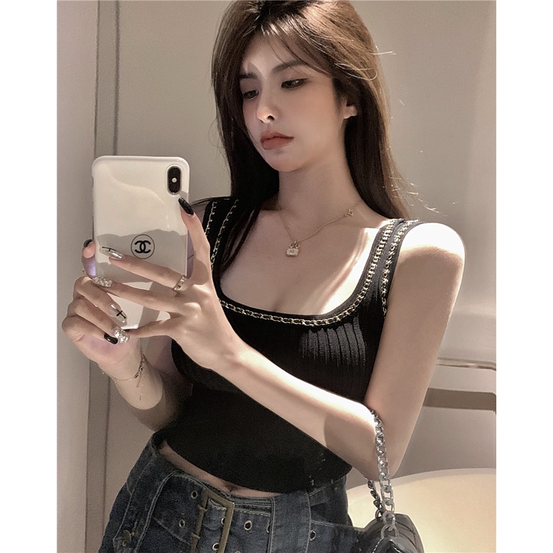 Cocory vn Áo Croptop Dệt Kim Sát Nách Cổ Chữ U Dáng Ôm Thời Trang Mùa Hè Quyến Rũ Cho