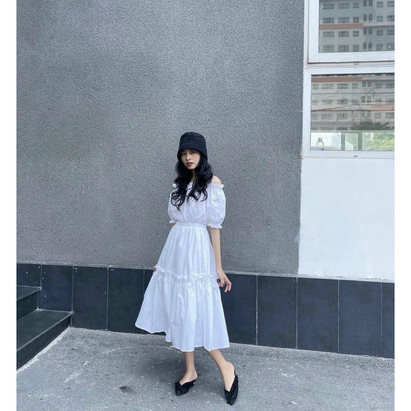 Set Crop Trắng Bẹt Vai + Chân Váy Midi Trắng Tầng