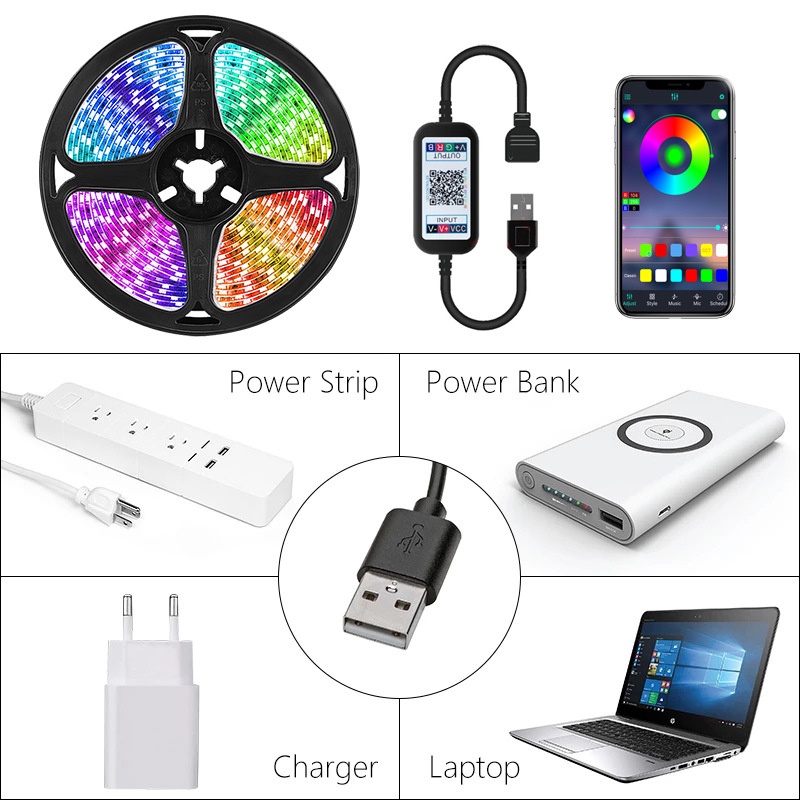 Dải đèn neon LED USB 5V Bluetooth RGB SMD5050 0.5M 1M 2M 3M 4M 5M trang trí nền TV linh hoạt