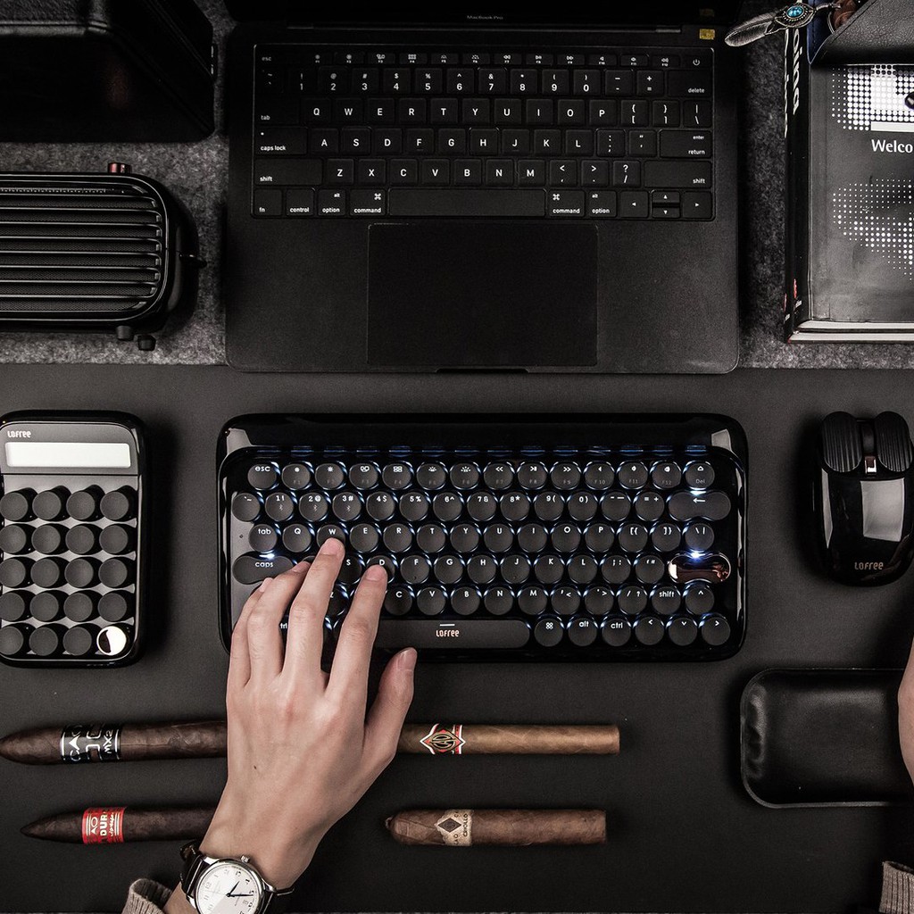 Bộ bàn phím, chuột, loa, đèn, máy tính, trải bàn lofree All Black