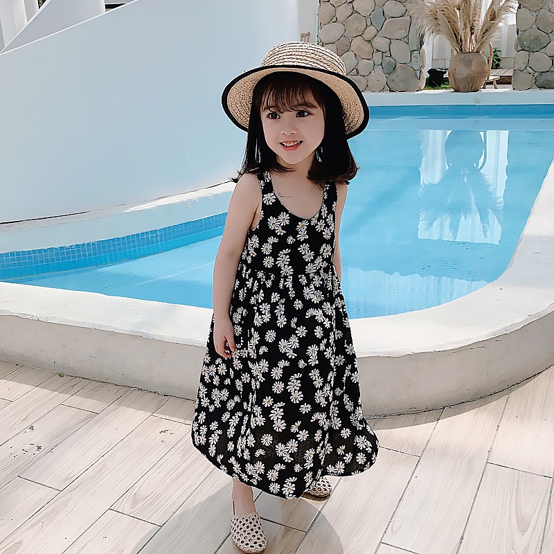 Đầm Voan Hai Dây Hở Lưng Họa Tiết Hoa Cúc Phong Cách Công Chúa Thời Trang Cho Bé Gái