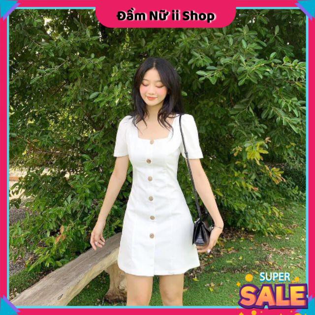 Đầm Công Sở Cổ Vuông Nút Gỗ - Đầm Nữ Ngắn Tay Đi Làm Đi Tiệc Siêu Xinh | BigBuy360 - bigbuy360.vn
