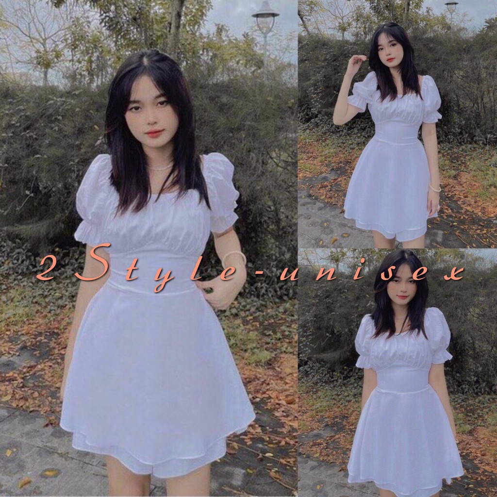 Đầm nữ tay ngắn cổ U/ Váy Trắng Nhíu Ngực Dáng Ôm phong cách Hàn Quốc 2style-unisex