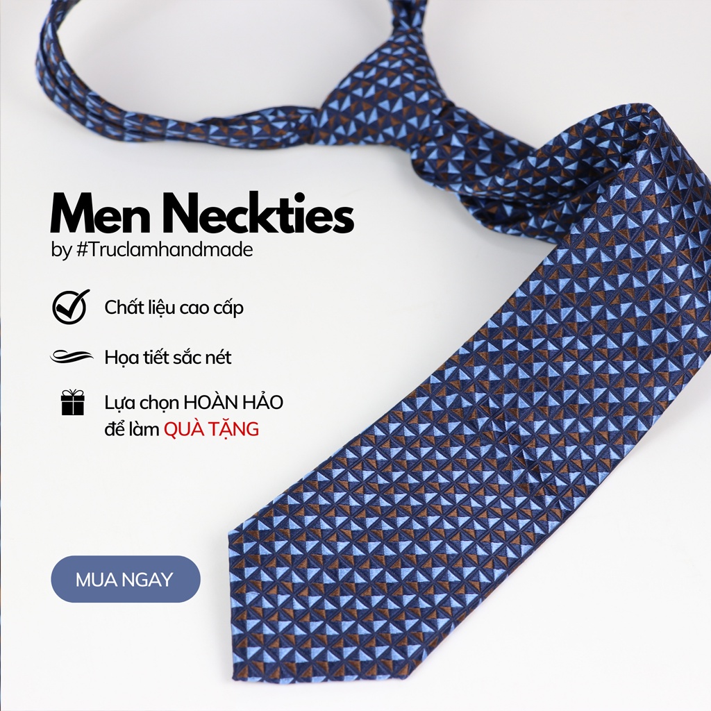Cà Vạt Lụa 8cm Cho Nam Cao Cấp Họa Tiết Hình Khối Nâu Xanh Sang Trọng MS5 - Trúc Lâm Handmade