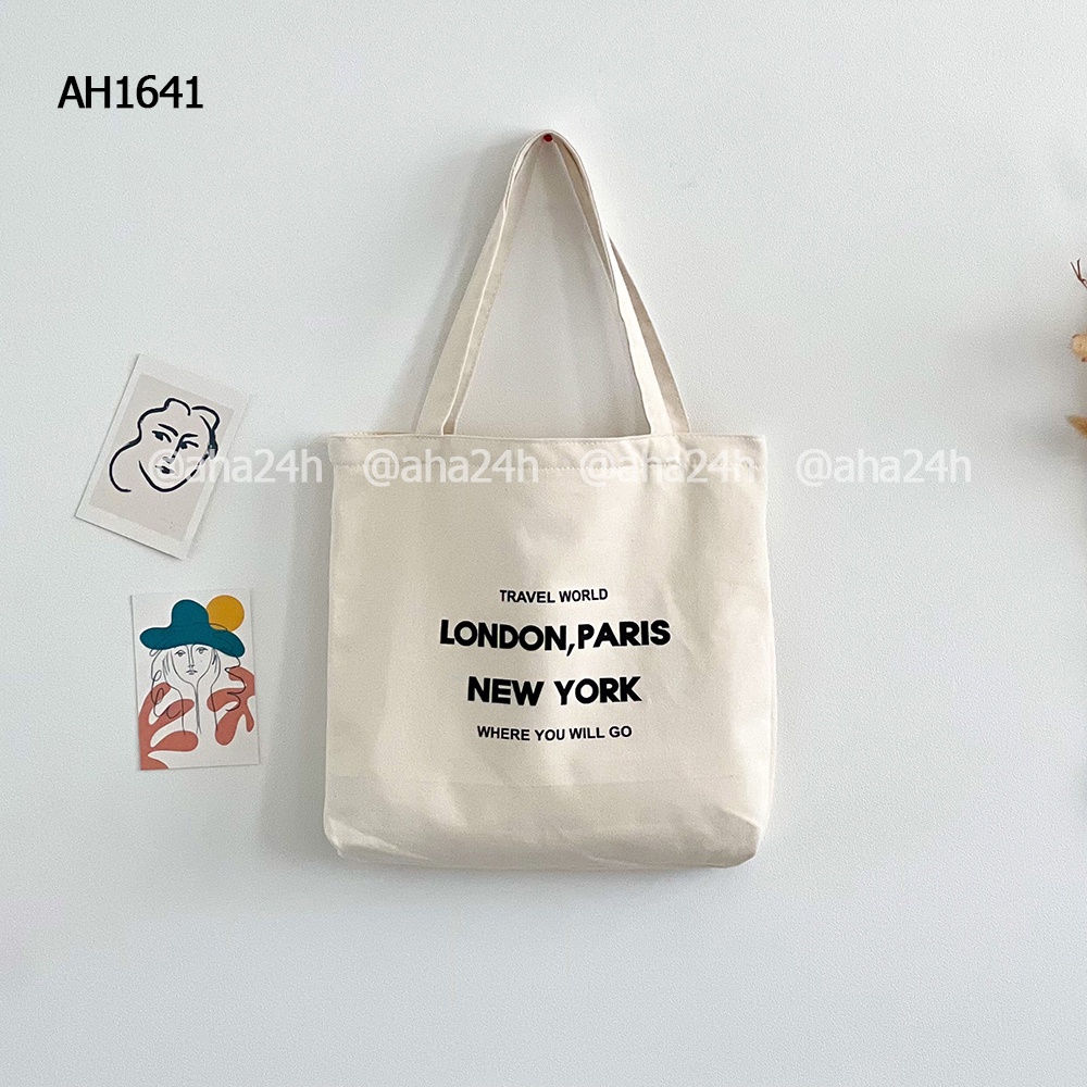 Túi tote vải canvas đi học đi chơi có túi nhỏ xinh in LONDON PARIS NEWYORK AH1641