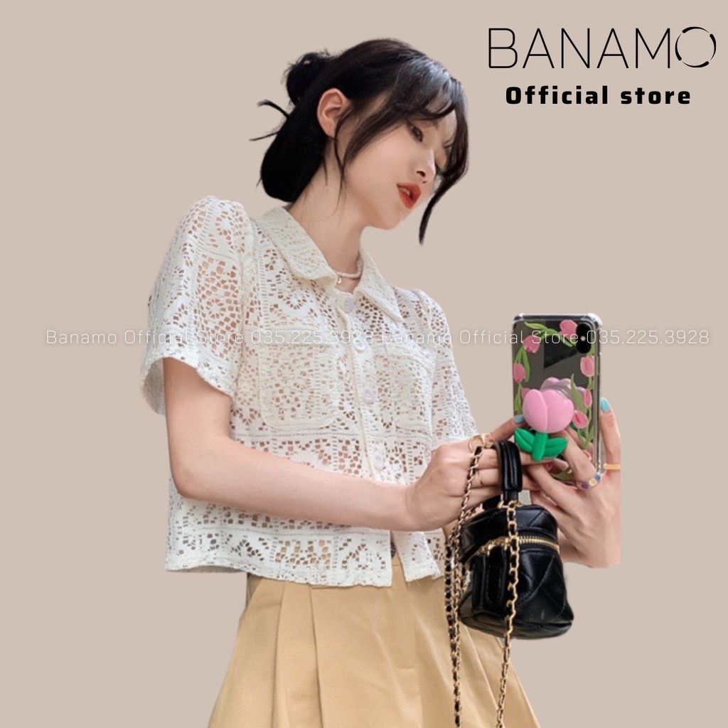 Áo sơ mi nữ cộc tay phối ren họa tiết rỗng kiểu pháp thời trang Banamo Fashion sơ mi phối ren 392