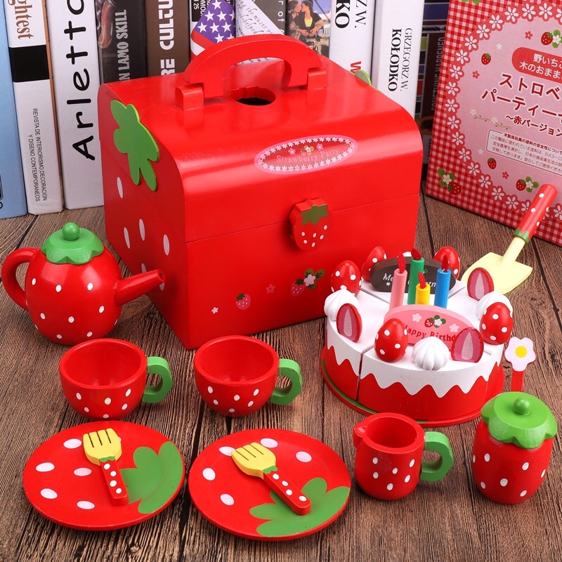Bộ đồ chơi tiệc trà dâu tây màu đỏ bằng gỗ Mother Garden 🍓(HÀNG CÓ SẴN)🍃