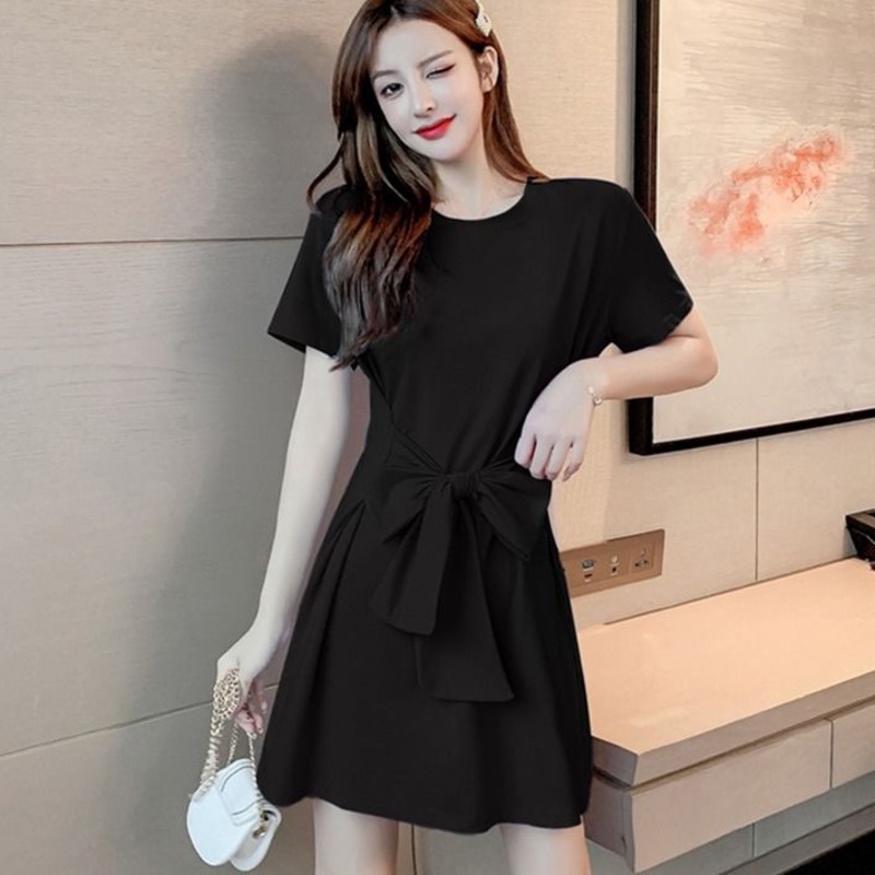 Đầm Thun Tay Ngắn Dáng Chữ a Cột Dây Eo Kiểu Dáng Đơn Giản Thời Trang Cho Nữ