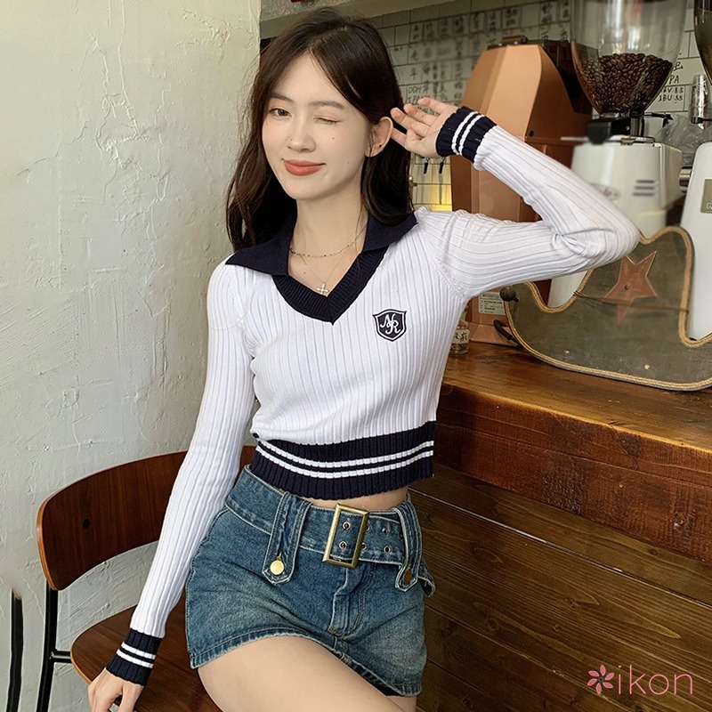 Áo Croptop Dệt Kim Tay Dài Thiết Kế Cổ Bẻ Thanh Lịch