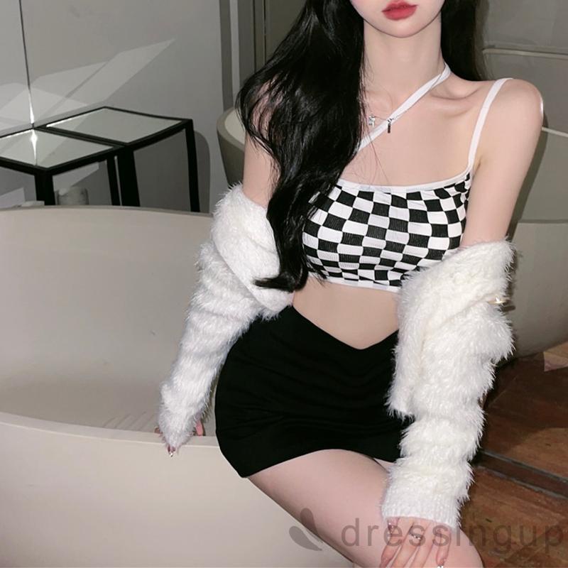 Áo Croptop Hai Dây Họa Tiết Kẻ Sọc Cho Nữ