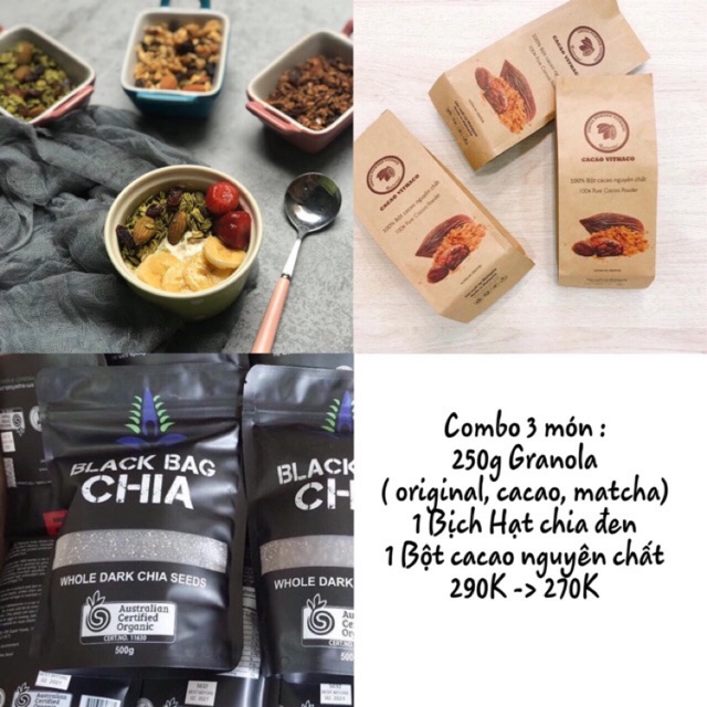 Combo granola, hạt chia, bột cacao