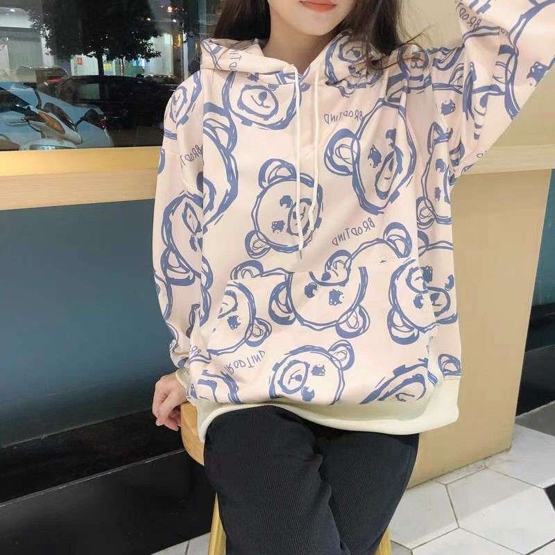 Áo khoác hoodie vải mềm hoạ tiết gấu đáng yêu thoải mái thời trang mùa thu dành cho nữ | BigBuy360 - bigbuy360.vn