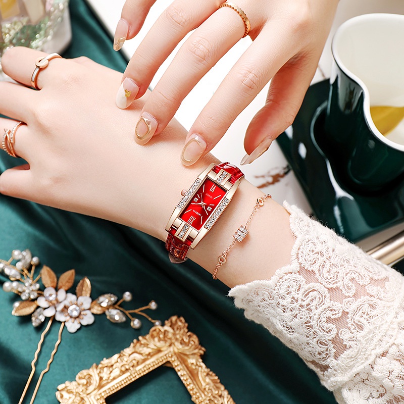 Đồng Hồ Đeo Tay Mặt Vuông Nhỏ Đính Đá Thời Trang Cho Nữ