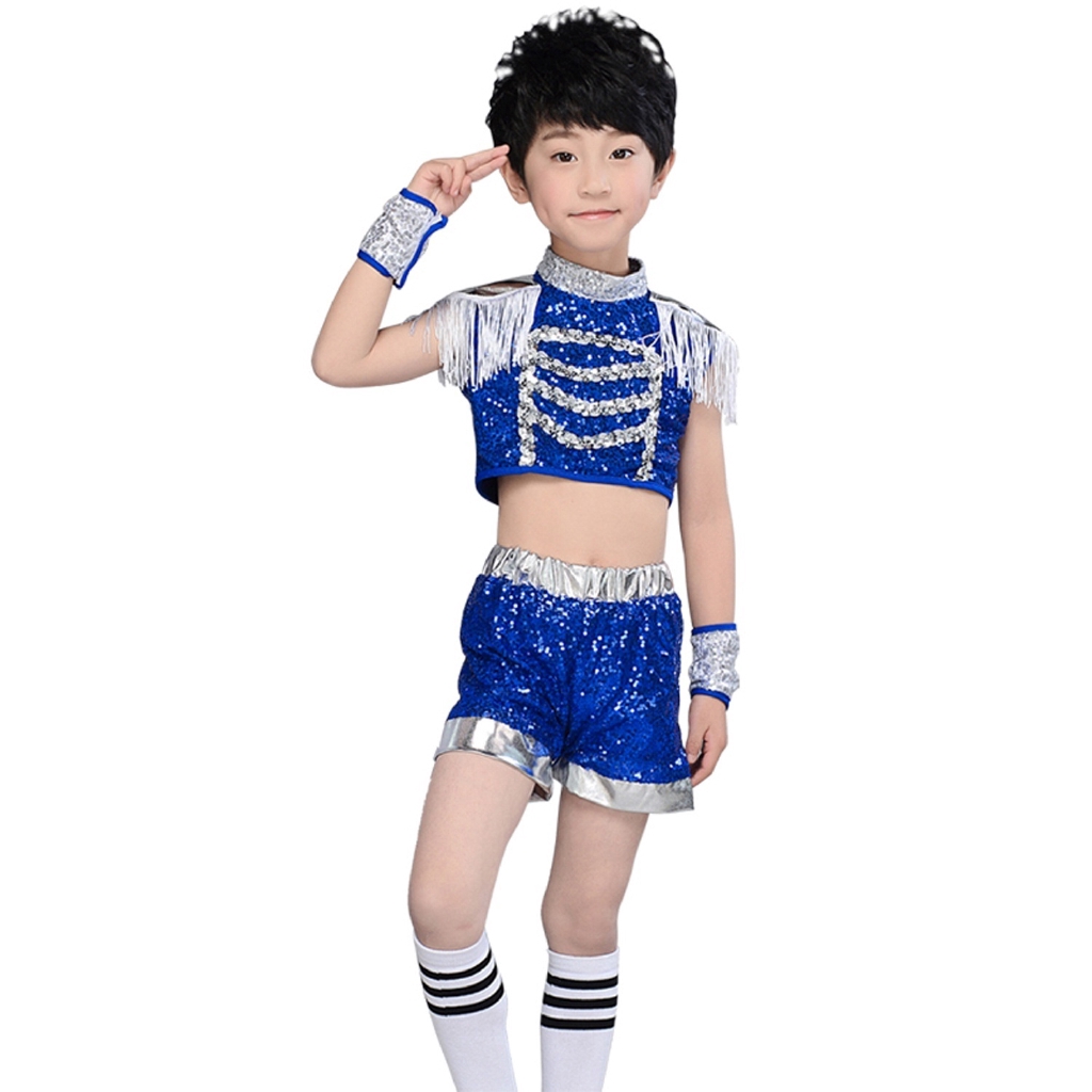 Bộ đồ trình diễn phối tua rua đính kim sa màu xanh dành cho unisex