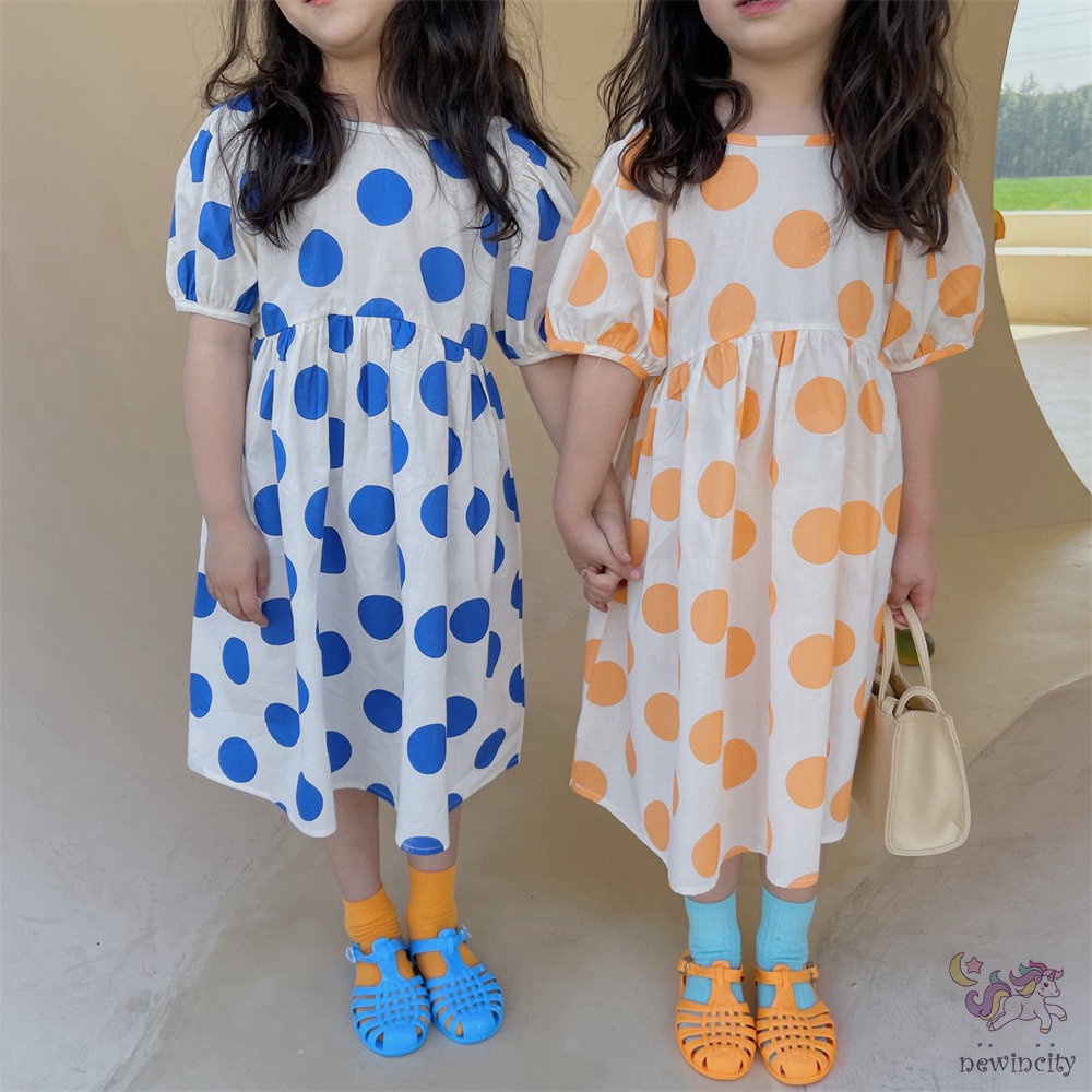 Đầm Tay Phồng Ngắn Họa Tiết Chấm Bi Thời Trang Mùa Hè Hàn Quốc Cho Bé Gái