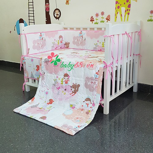 Bộ quây + drap 70x120 voi xanh, Hello kitty, Doremon, em bé khăn đỏ, xe lửa trắng