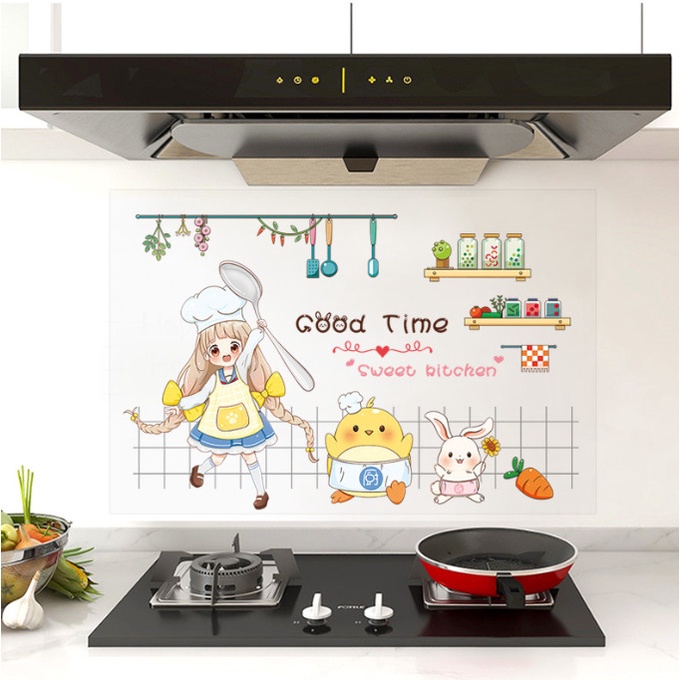 Decal dán bếp họa tiết trong suốt - Cô gái nấu ăn cùng gà con và thỏ