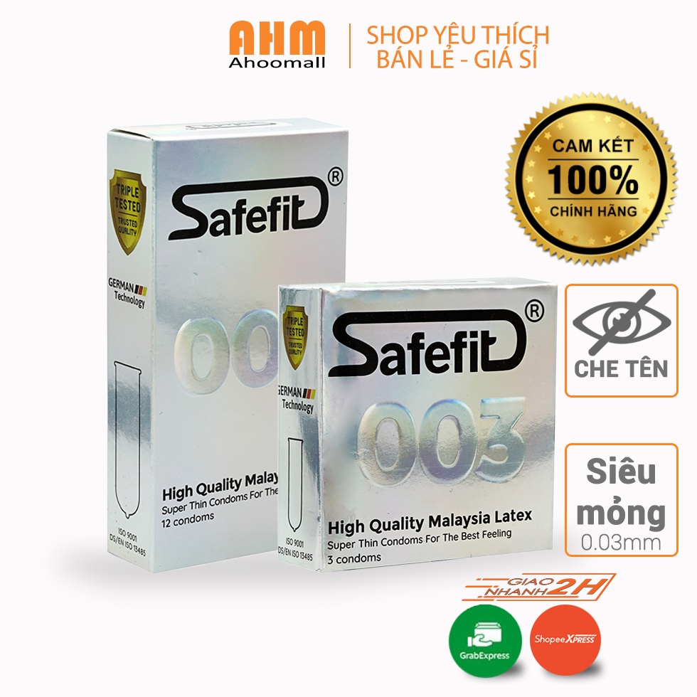 Bao cao su Safefit 003, siêu mỏng - Hộp 3 / 12 cái - Bcs Chính hãng