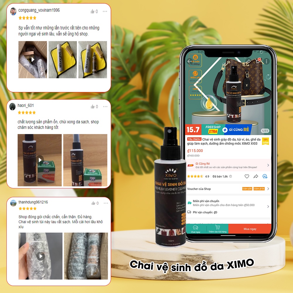 Chai vệ sinh đồ da 150ml XIMO giúp làm sạch, dưỡng ẩm chống mốc, kháng khuẩn giày, túi ví, áo, ghế da XXI03