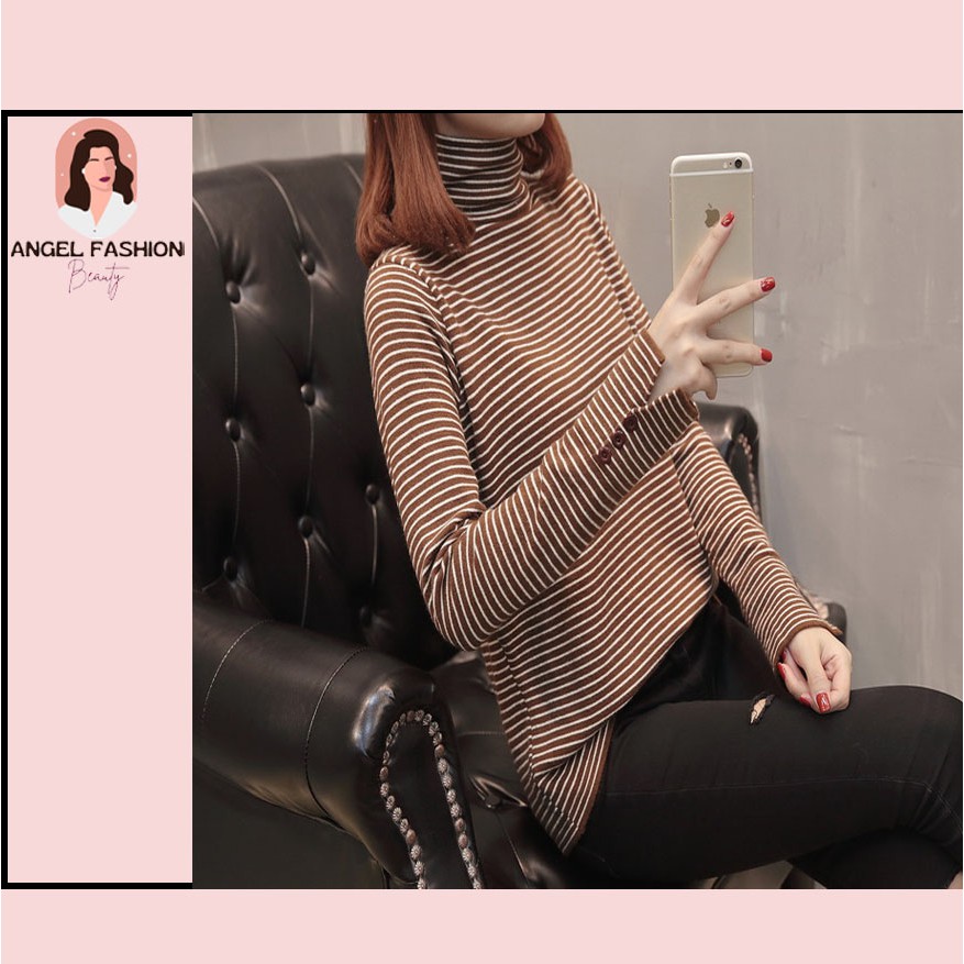 Áo thu đông cao cổ thần thánh, Cổ lọ tay dài có cúc ấm áp mà vẫn thời trang, Kẻ nhỏ xinh xắn len mỏng tanh