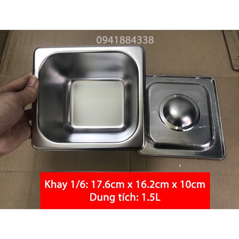 Khay Inox Đựng Topping 1/6, Khay Đựng Thạch(Có Nắp)