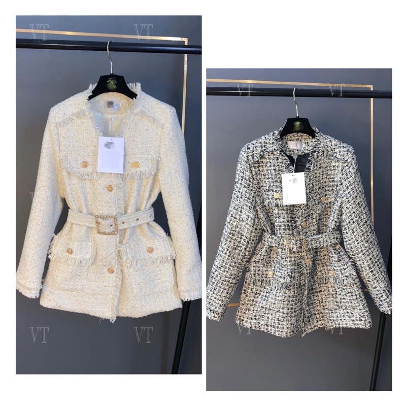 Dạ tweed dáng dài kèm đai