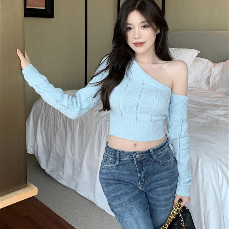 Áo Dệt Kim Trễ Vai Tay Dài Dáng Ôm Thời Trang Mùa Thu Cho Nữ