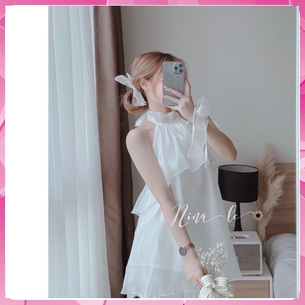 Váy Cổ Yếm Dự Tiệc Váy Trắng Đi Biển Màu Trắng Tinh Khôi Chất Liệu Voan Hàn Cao Cấp