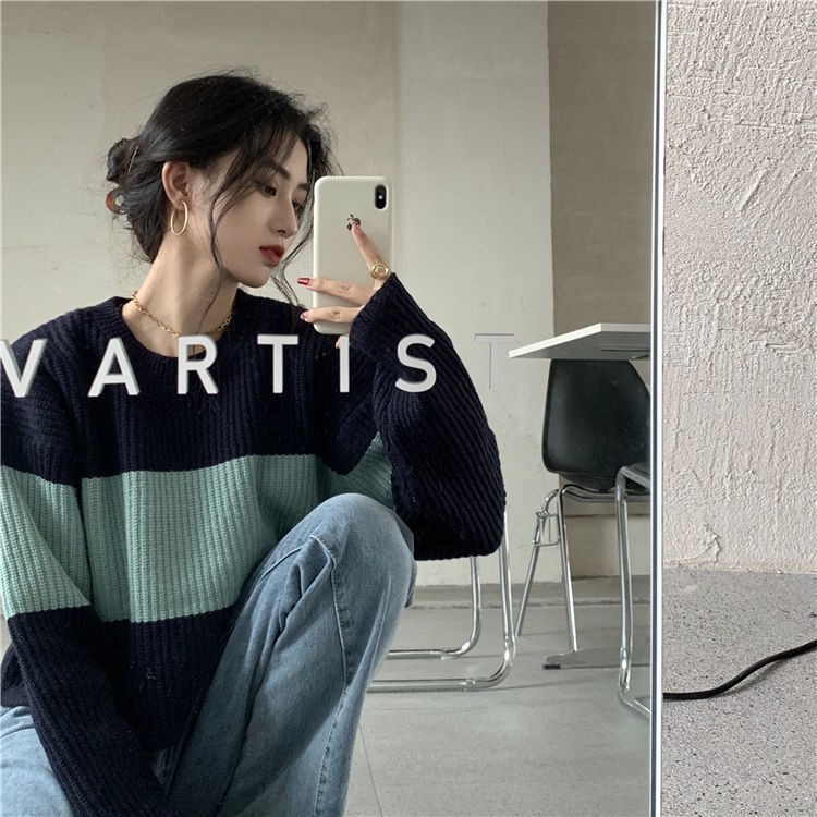 Áo Sweater Kẻ Sọc Phong Cách Retro Xinh Xắn Cho Nữ