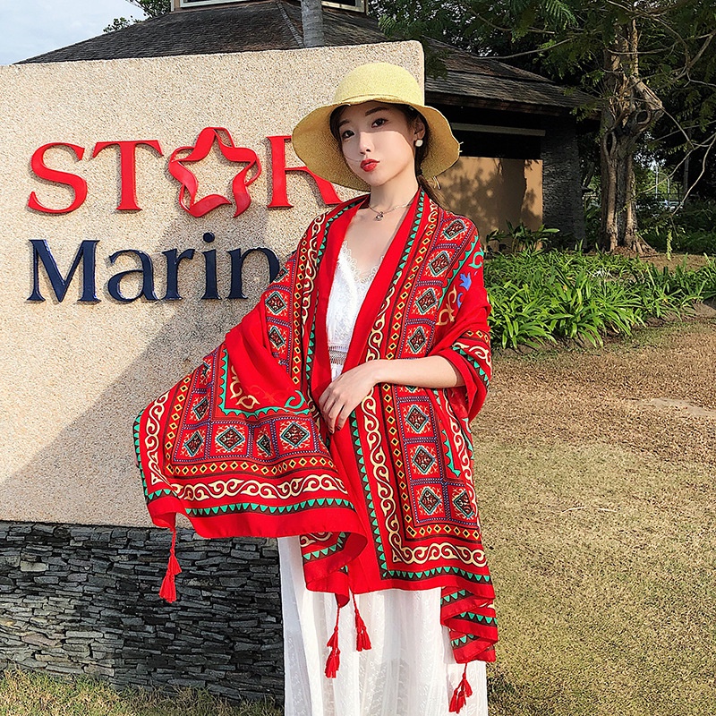 Khăn choàng che nắng đi biển hoạ tiết trơn, khăn thô lụa thổ cẩm chống nắng dễ phối đồ