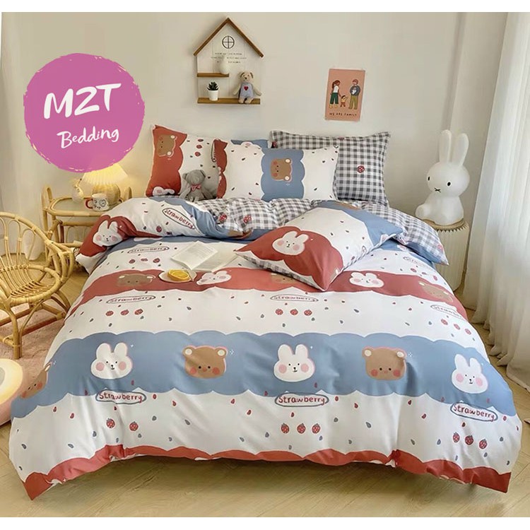 Bộ chăn ga cotton poly M2T Bedding chăn ga Hàn Quốc họa tiết Gấu và Thỏ đủ size miễn phí bo chun