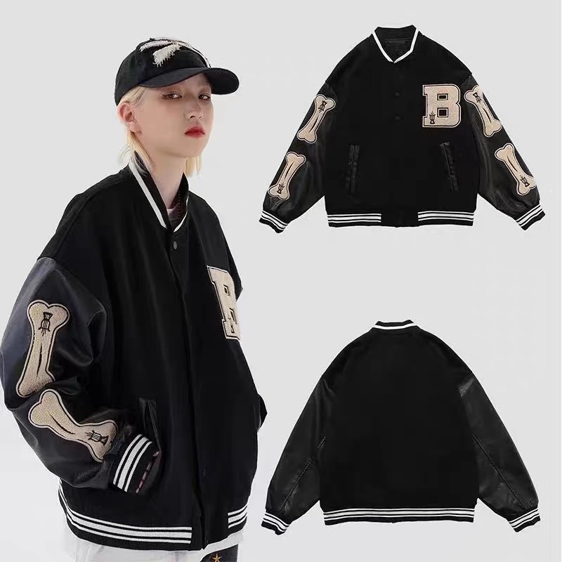 ( sẵn đen ) Áo Khoác varsity hình khúc xương cạnh tay chữ B trước ngực vải dạ tay da