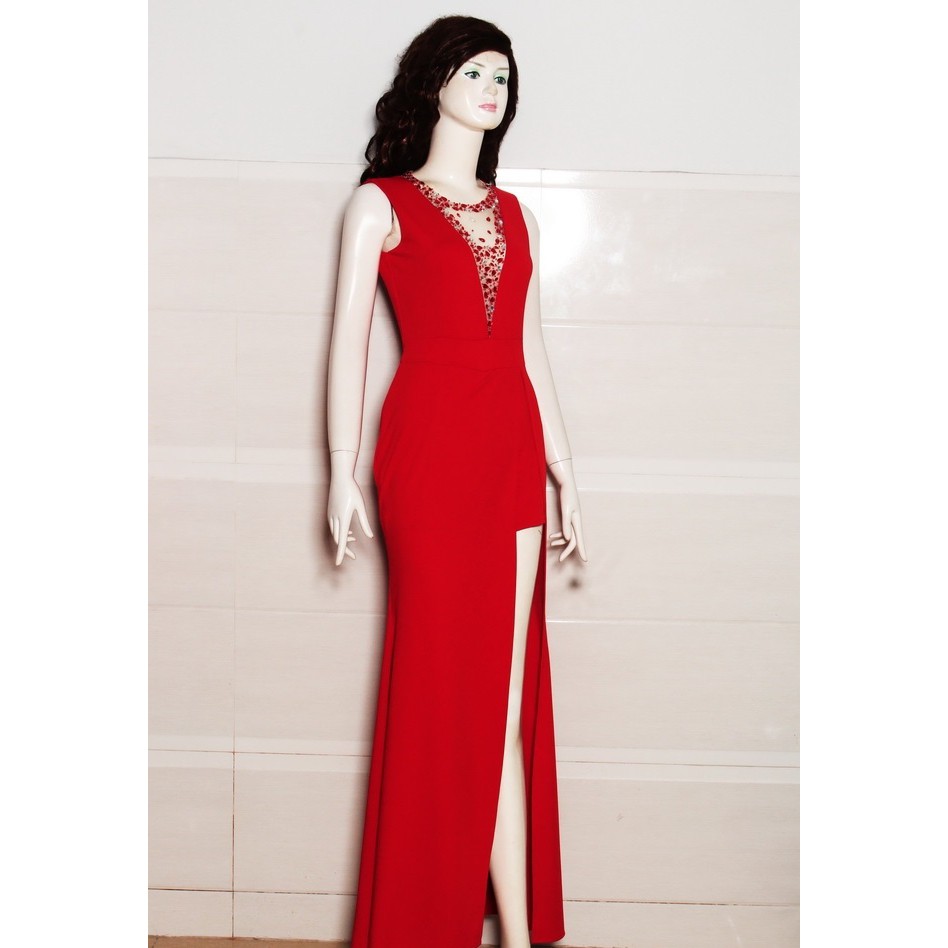 Đầm dạ hội phối lưới đính cườm giả jumpsuit cá tính