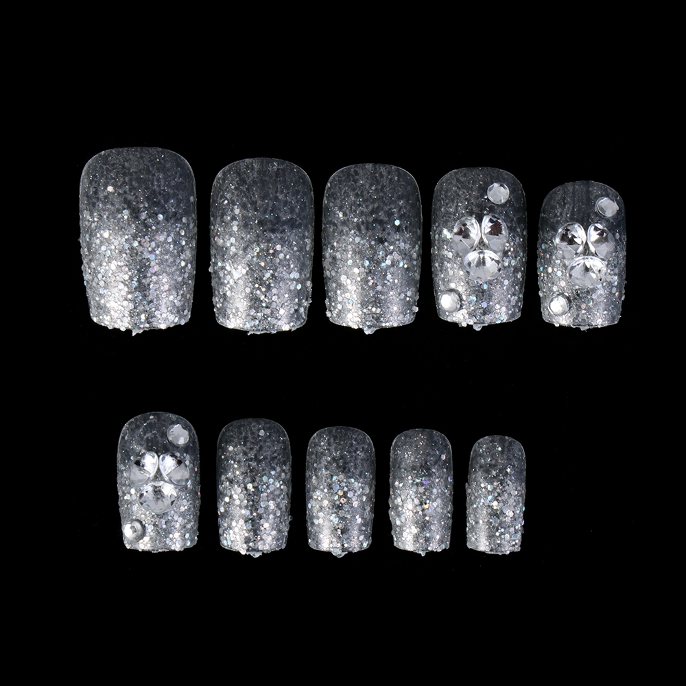 Móng tay giả thiết kế đầu vuông đính đá nhân tạo lấp lánh kèm keo dán tiện dụng dành cho cô dâu
