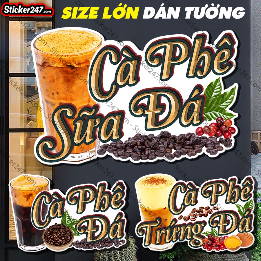 Decal Trang Trí Quán Cafe 🌈𝑭𝒓𝒆𝒆𝒔𝒉𝒊𝒑 Đồ Trang Trí Quán Coffee Hình Cà Phê Đá, Cafe Sữa, Cafe Trứng dán kính, tường, tủ