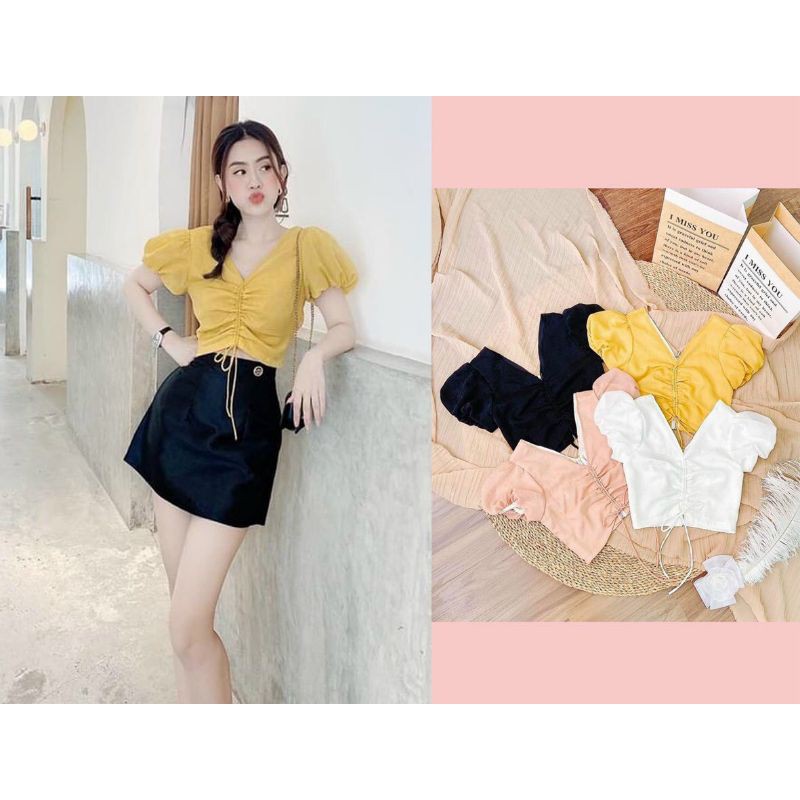 Áo crop top cổ tim tay phồng rút dây ngực.