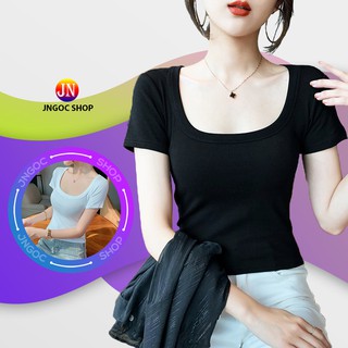 Áo croptop cổ vuông tay ngắn trẻ trung, Áo thun nữ ôm body chất cotton co giãn siêu mịn