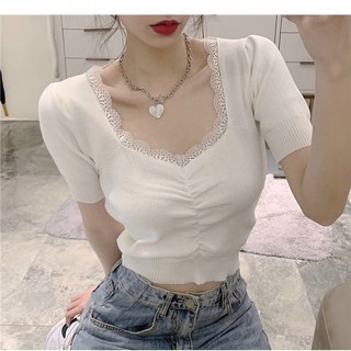 Áo thun nhún trước viền ren xinh🦊🦊
