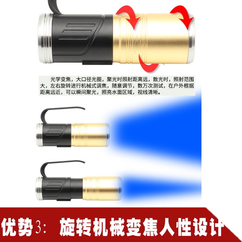 Đèn Pin Câu Cá Ban Đêm Công Suất Cao USB Ánh Sáng Xanh Tím Chống Nước