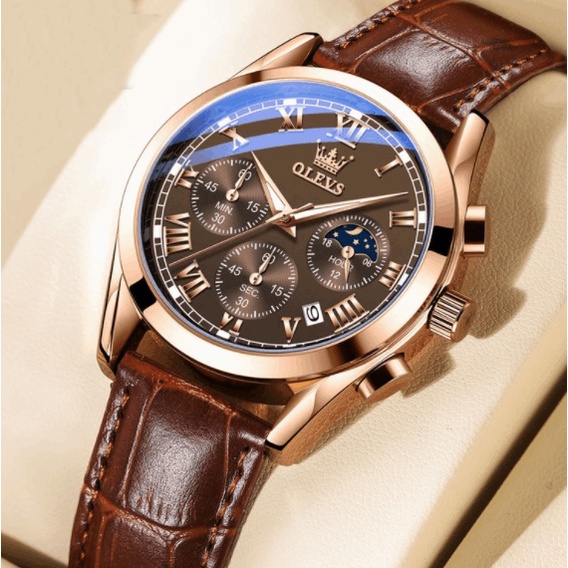 Đồng hồ nam dây da OLEVS 6 kim chống nước, mặt kính cường lực chống xước hiển thị lịch Nhật Nguyệt phong cách Thụy Sĩ | BigBuy360 - bigbuy360.vn