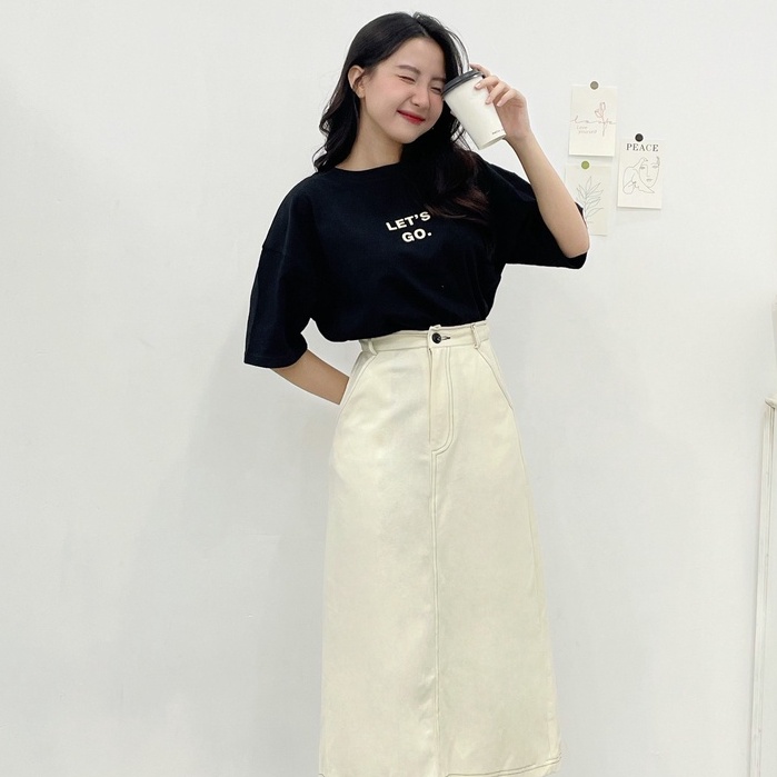 Chân váy kaki nữ FM Style dài qua gối midi thiết kế phối chỉ viền nổi xẻ tà sau phong cách Hàn Quốc 207290040