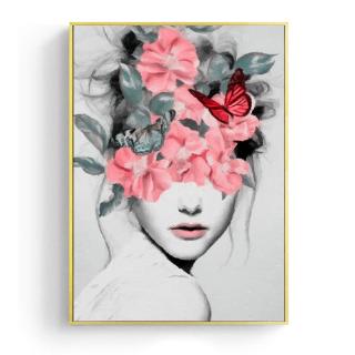 Tranh Vải Canvas Treo Tường Hình Cô Gái Xinh Xắn Phối Hoa
