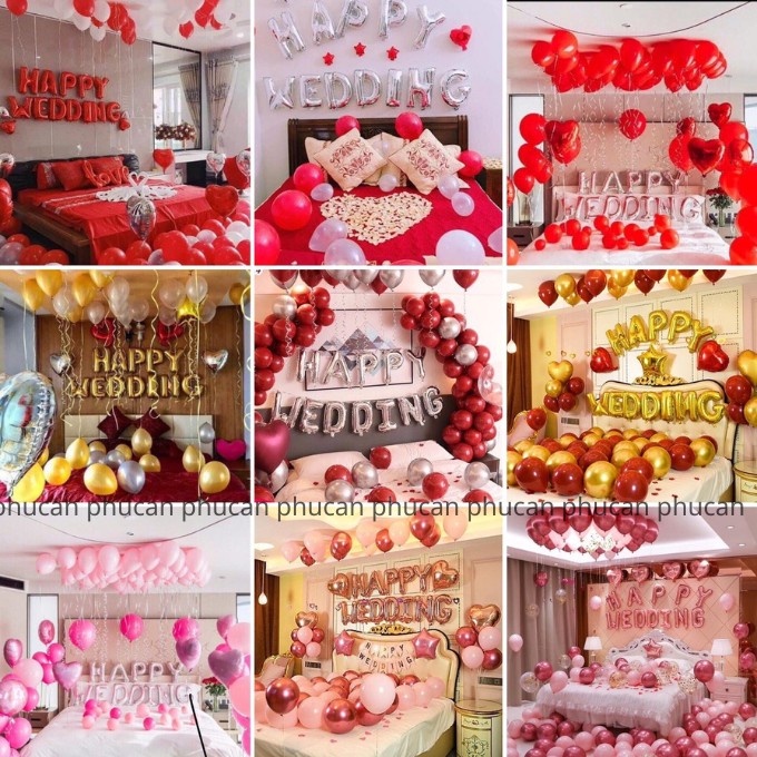 [Ảnh thật] Set trang trí kỷ niệm, happy wedding cho tình nhân đẹp lung linh TẶNG KÈM bơm bóng, keo dán tùy combo