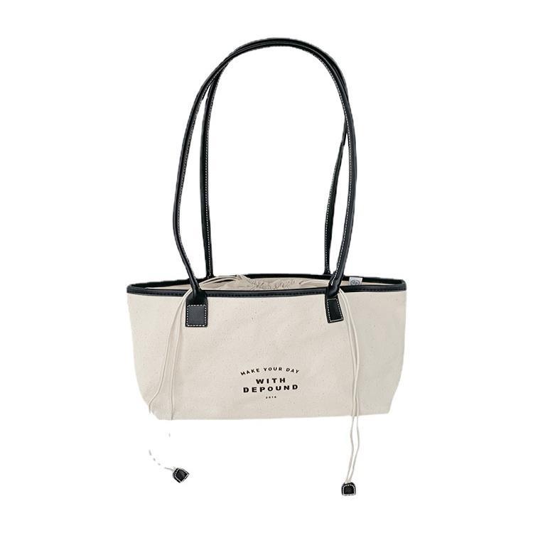 Túi Đeo Vai Bằng Vải Cotton Canvas Thiết Kế Dây Rút Phong Cách Retro Hàn Quốc Đơn Giản