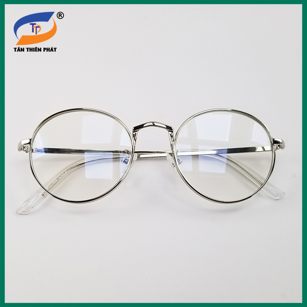 Gọng kính cận nữ, nam, mắt giả cận tròn kim loại màu bạc GC3019. Tròng 0 độ chống ánh sáng xanh, chống tia UV