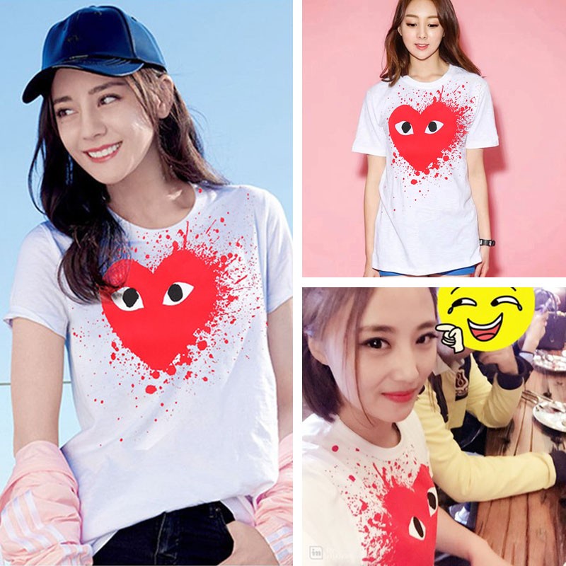 Áo thun cotton tay ngắn cổ tròn in hình đôi mắt trái tim đỏ phong cách mới cho cặp đôi